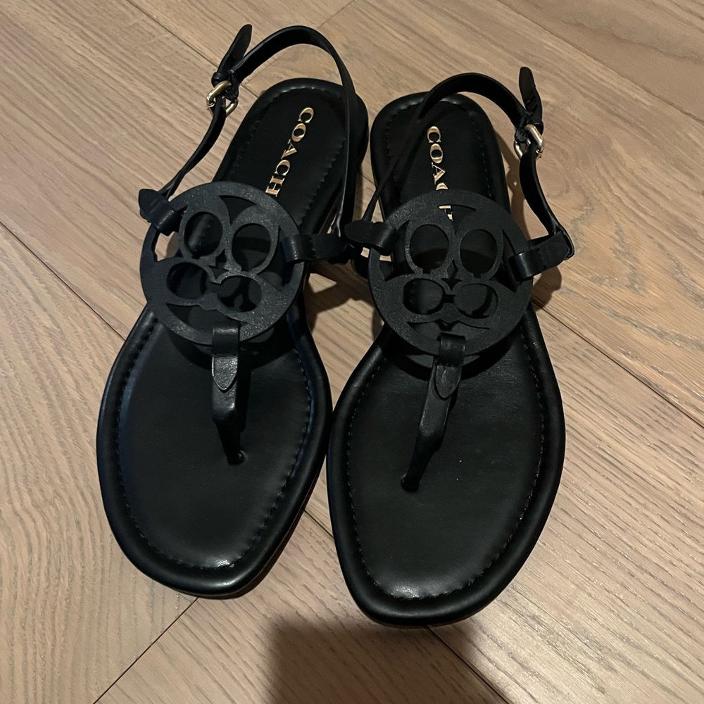 Coach Black Leather Signature Sandals